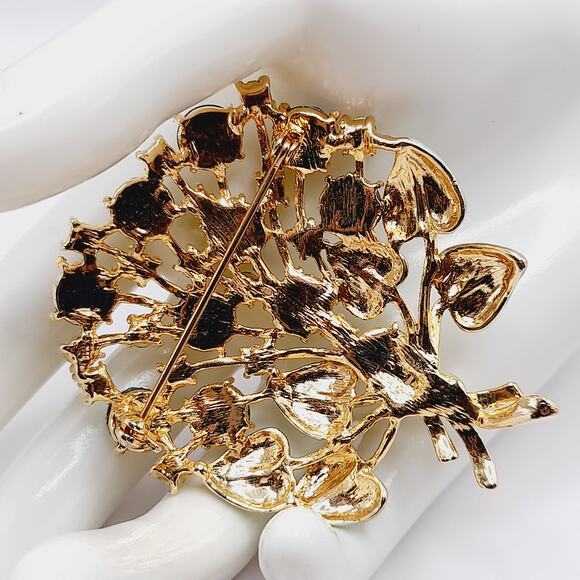 Vintage Style Watermelon Rhinestone Cabochon Tree Brooch Green Enamel Leaves - Picture 4 of 9